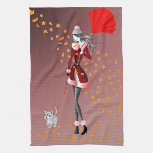 犬と女性の秋の紅葉 赤 ティータオル キッチンタオル (縦)