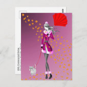 犬と女性の秋の落ち葉ピンクのポストカード ポストカード (正面/裏面)