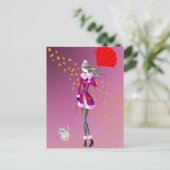 犬と女性の秋の落ち葉 ピンクのポストカード ポストカード (スタンド正面)