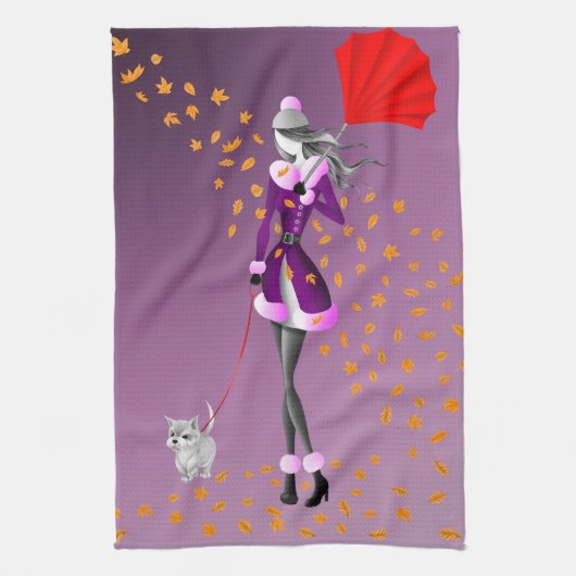 犬と女性の秋の葉紫のティータオル キッチンタオル (縦)