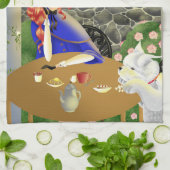 犬と女性 美しい夏の庭園 キッチンタオル (折り畳み)