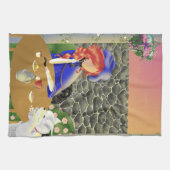 犬と女性 美しい夏の庭園 キッチンタオル (横)
