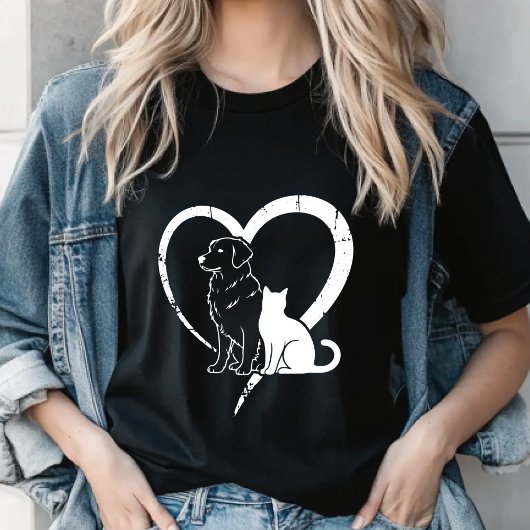 犬と子猫のハートTシャツ、ペット愛好家のための服 Tシャツ