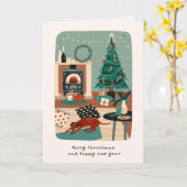 犬と家でクリスマスを楽しむ カード (黄色い花)