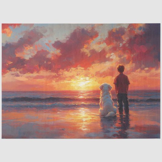 犬と少年がビーチで夕日を見ている 薄葉紙 (正面)