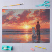 犬と少年が夕日を眺めるビーチ 薄葉紙 (クラフト)