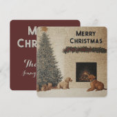 犬と暖炉のクリスマスカード 落ち着いた色 シーズンカード (正面/裏面)
