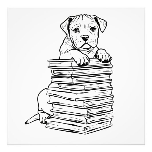 犬と書籍のラインアート フォトプリント            (正面)