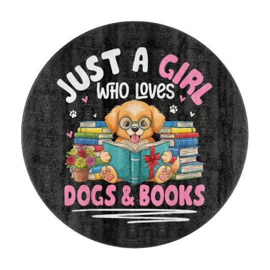 犬と本と読書が好きな女の子 カッティングボード (正面)