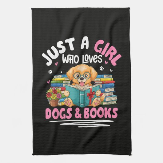 犬と本と読書が好きな女の子 キッチンタオル (縦)