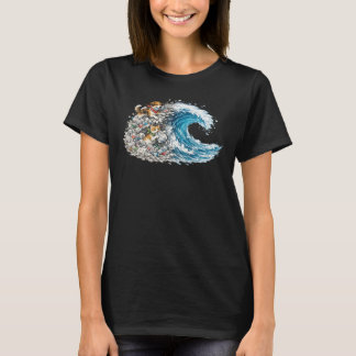 犬と猫がプラスチックの波を青い海に変える Tシャツ