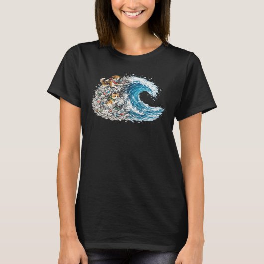犬と猫がプラスチックの波を青い海に変える Tシャツ (正面)