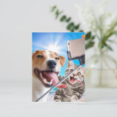 犬と猫が携帯電話で自撮った ポストカード (スタンド正面)