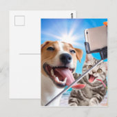 犬と猫が携帯電話で自撮った ポストカード (正面/裏面)