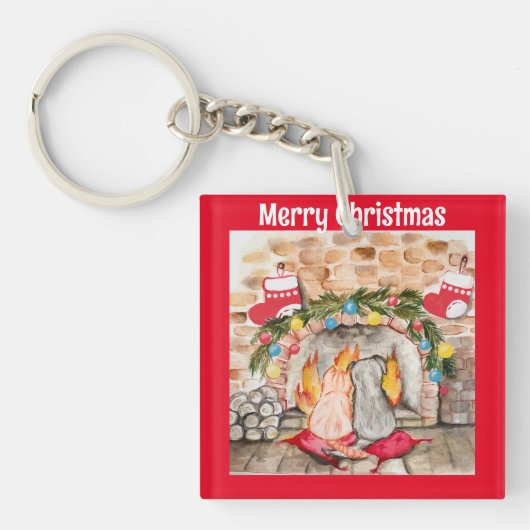 犬と猫との居心地の良いクリスマスマンテル キーホルダー (正面)