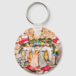 犬と猫との居心地の良いクリスマスマンテル キーホルダー