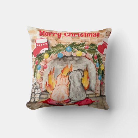 犬と猫との居心地の良いクリスマスマンテル クッション (正面)