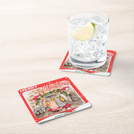 犬と猫との居心地の良いクリスマスマンテル スクエアペーパーコースター (インサイチュ)