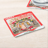 犬と猫との居心地の良いクリスマスマンテル スクエアペーパーコースター (アングル)