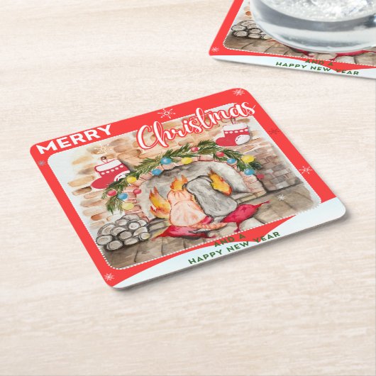 犬と猫との居心地の良いクリスマスマンテル スクエアペーパーコースター (アングル)