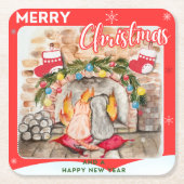 犬と猫との居心地の良いクリスマスマンテル スクエアペーパーコースター (正面)