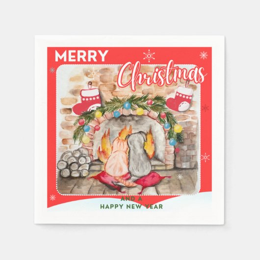犬と猫との居心地の良いクリスマスマンテル スタンダードカクテルナプキン (正面)
