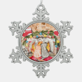 犬と猫との居心地の良いクリスマスマンテル スノーフレークピューターオーナメント