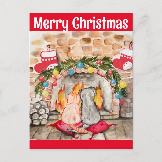犬と猫との居心地の良いクリスマスマンテル ポストカード (正面)