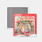 犬と猫との居心地の良いクリスマスマンテル マグネット (正面/裏面)