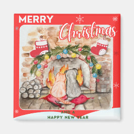 犬と猫との居心地の良いクリスマスマンテル マグネット