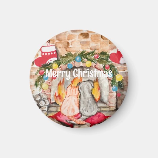 犬と猫との居心地の良いクリスマスマンテル マグネット (正面)