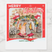 犬と猫との居心地の良いクリスマスマンテル ワインラベル (シングルラベル)