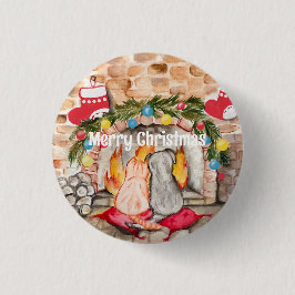 犬と猫との居心地の良いクリスマスマンテル 缶バッジ