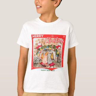 犬と猫との居心地の良いクリスマスマンテル Tシャツ