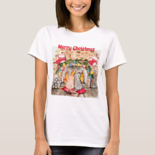 犬と猫との居心地の良いクリスマスマンテル Tシャツ