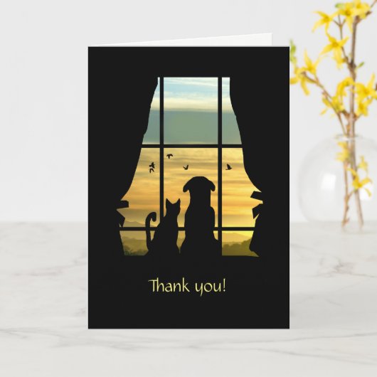 犬と猫と一緒に座ってありがとう カード (黄色い花)