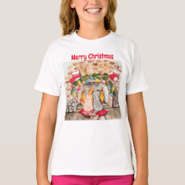 犬と猫のいるあったかクリスマスマントル Tシャツ