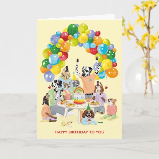 犬と猫のお誕生日ケーキパーティー カード (黄色い花)