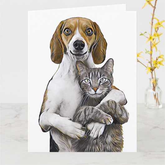 犬と猫のアート結婚のグリーティングカード カード (黄色い花)