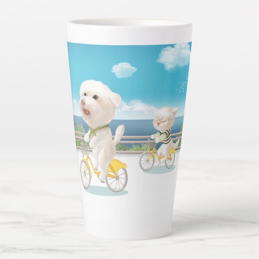 犬と猫のサイクリングby the sea カフェラテマグ (正面)