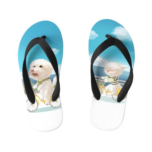 犬と猫のサイクリングby the sea キッズビーチサンダル (フットベッド)