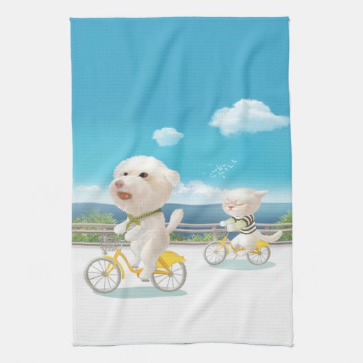 犬と猫のサイクリングby the sea キッチンタオル (縦)