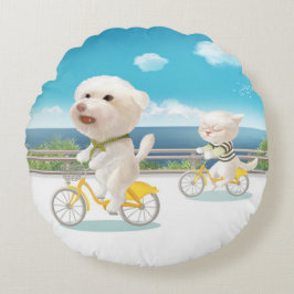 犬と猫のサイクリングby the sea ラウンドクッション