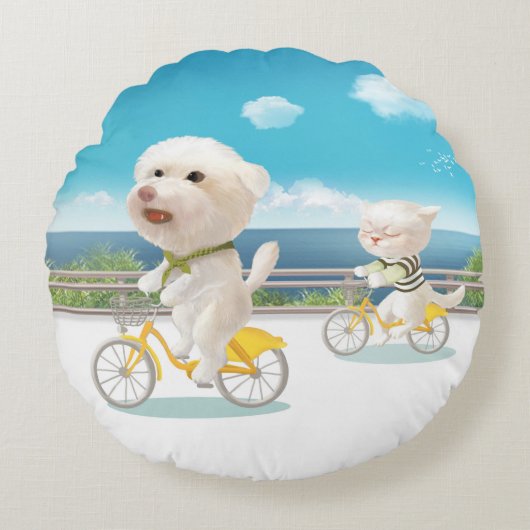 犬と猫のサイクリングby the sea ラウンドクッション (正面)