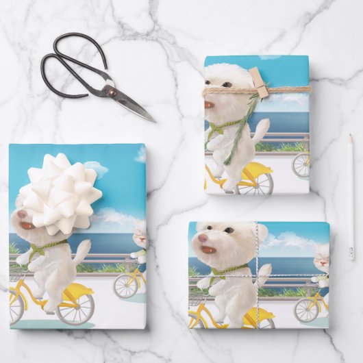 犬と猫のサイクリングby the sea ラッピングペーパーシート (正面)