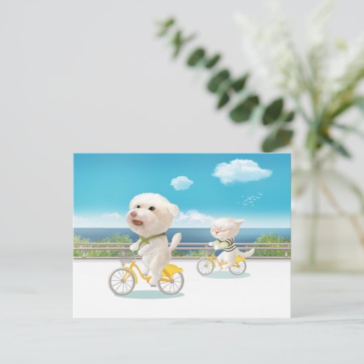 犬と猫のサイクリングby the sea 案内ポストカード (スタンド正面)