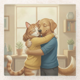 犬と猫のハグ ガラス コースター