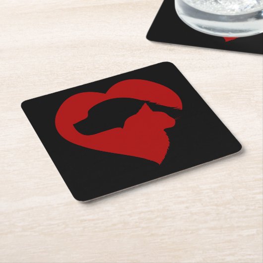 犬と猫のハート スクエアペーパーコースター (アングル)