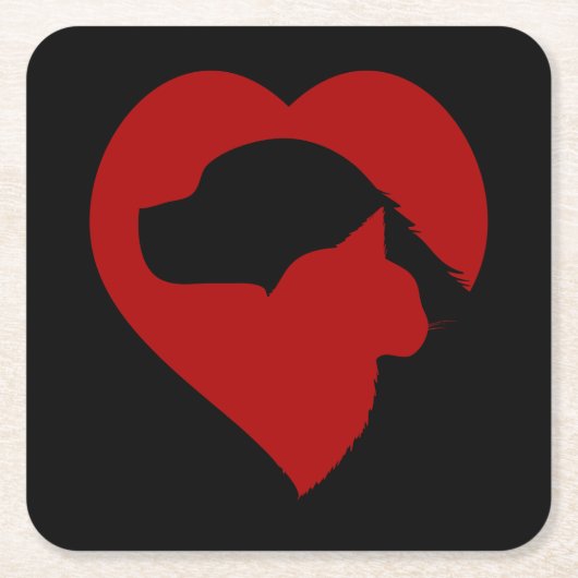 犬と猫のハート スクエアペーパーコースター (正面)