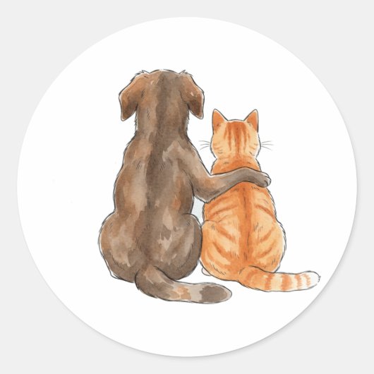 犬と猫の友情 水彩画 ラウンドシール (正面)